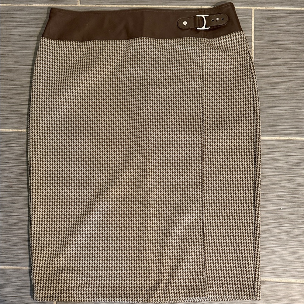 Lauren Ralph Lauren Brown and Light Blue Houndstooth Pencil Skirt